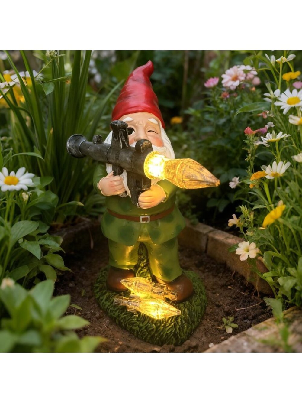 Large Solar Garden Gnome Statue - Military Soldier Decor, Patriotic Hunter